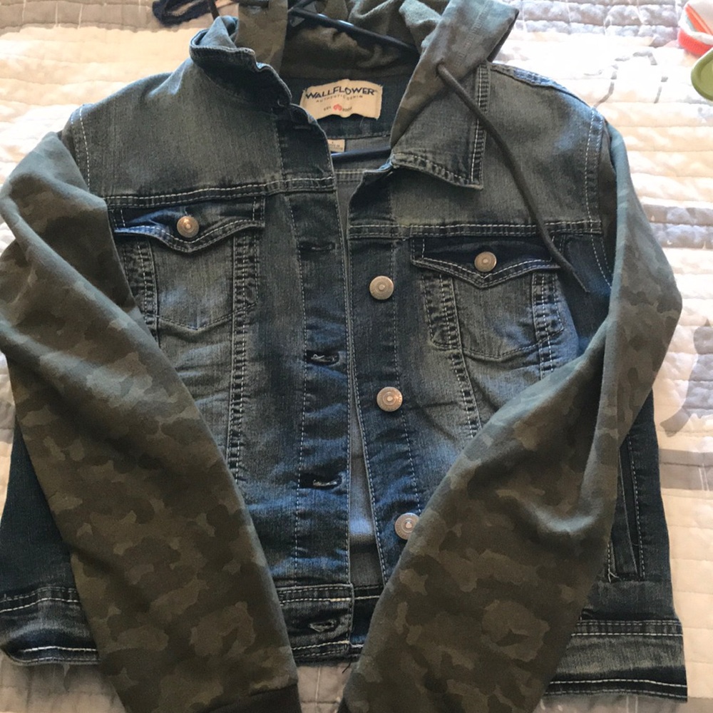 Camo denim bomber jacket with hood